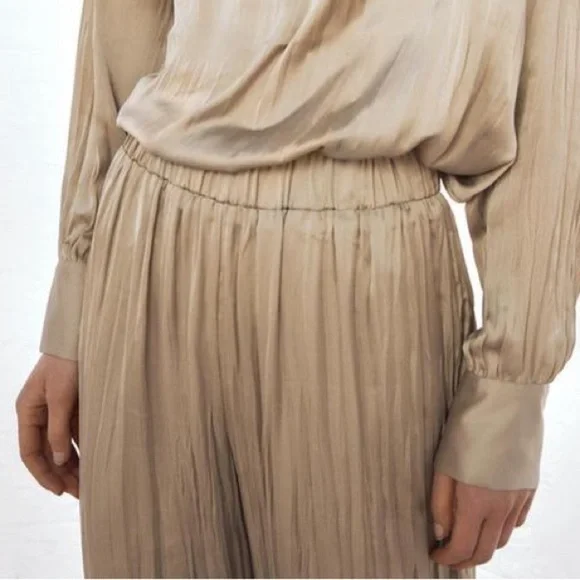 Zara Satin Pants Large Taupe Wide Leg Elastic Waist Lightweight Wrinkle Effect - Picture 10 of 16